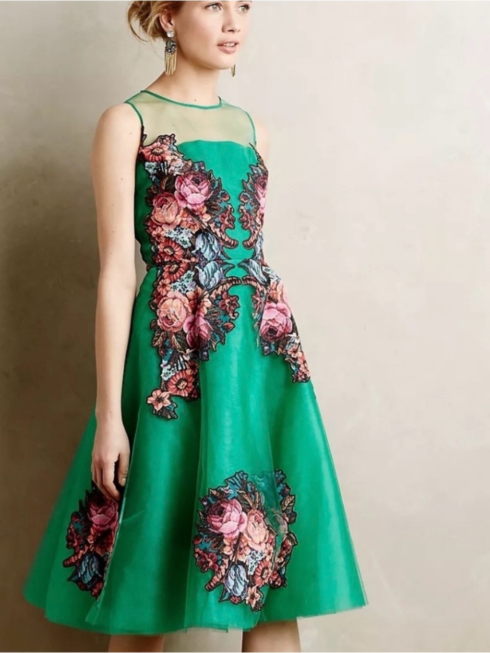 Sachin + Babi Anthropologie Coral Tree Embroidered Tulle Dress Green Sz 14